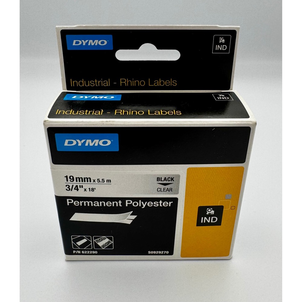 DYMO Rhino 19mm Permanent Polyester Label Tape Black on Clear 3/4" P/N 622290